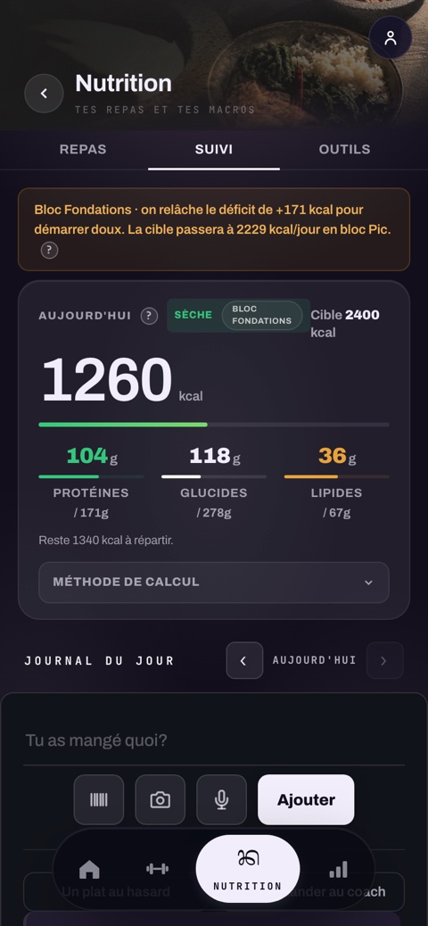 Suivi nutrition TEGUH · calories et macros du jour, journal des repas